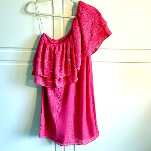 NWT Trina Turk Phebe embroidered one shoulder pink ruffle dress size M - Picture 10 of 12